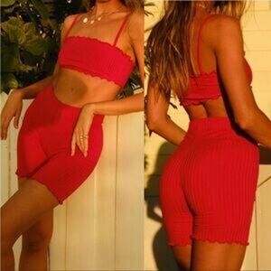 NWT Tropic of C by Candice Swanepoel Hot Pink Lettuce Edge Ribbed Biker Shorts